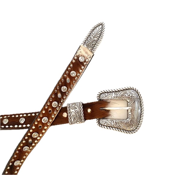 Nocona Brown Leather Calf Hair Belt Rhinestones Studs
